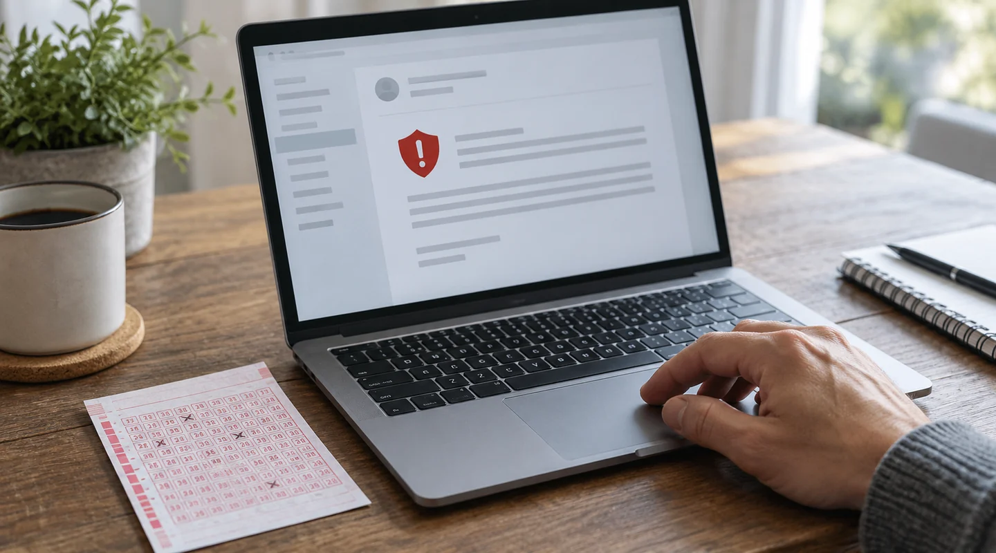 Figyelmeztető jelzést mutató e-mail egy laptopon