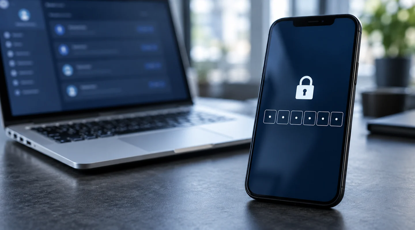 Hitelesítési kódot kérő telefon egy nyitott laptop előtt
