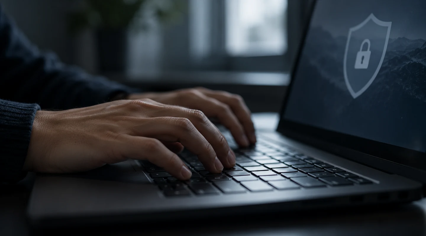 Laptop billentyűzetét használó kezek visszafogott fényben