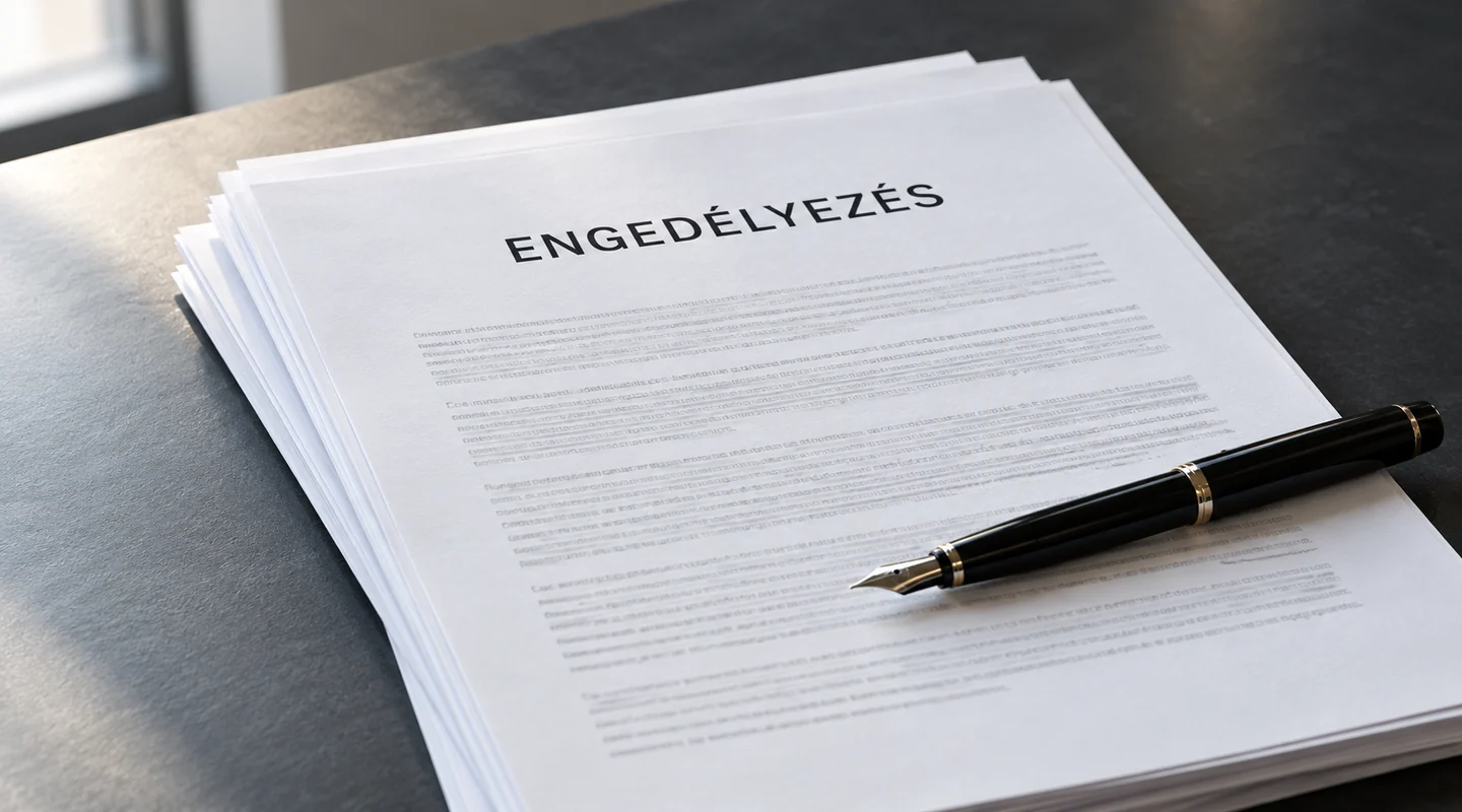 Engedélyezési iratok és fekete toll egy asztalon