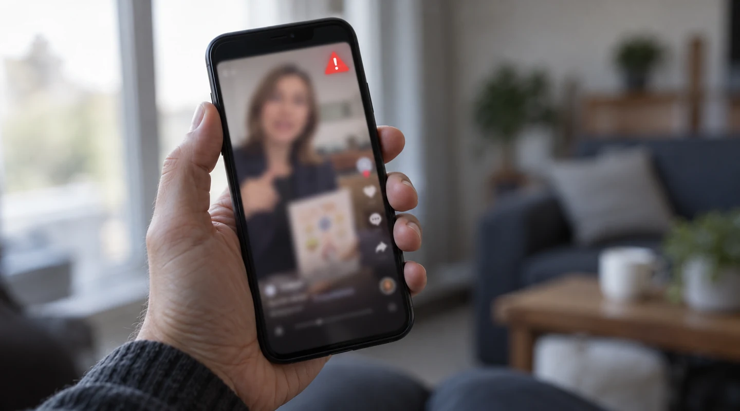 Figyelmeztető jelzés egy telefonon megnyitott videó mellett