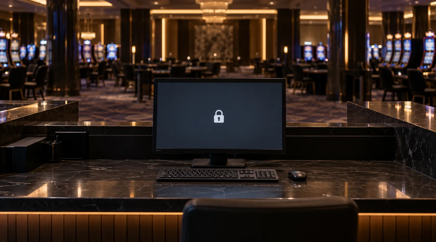 Lezárt számítógép egy üres játéktér recepcióján