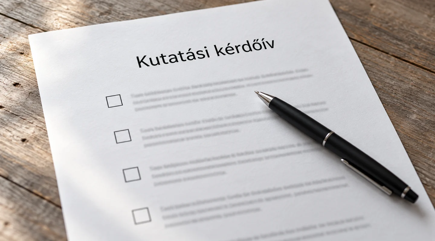 Kutatási kérdőív és fekete toll egy faasztalon
