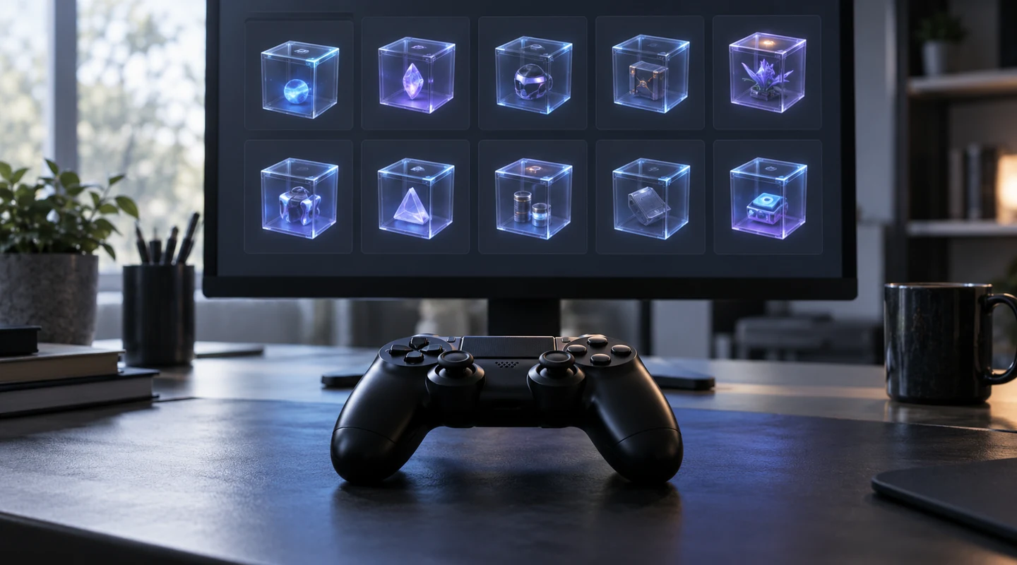 Játékvezérlő egy digitális tárgyakat megjelenítő monitor előtt