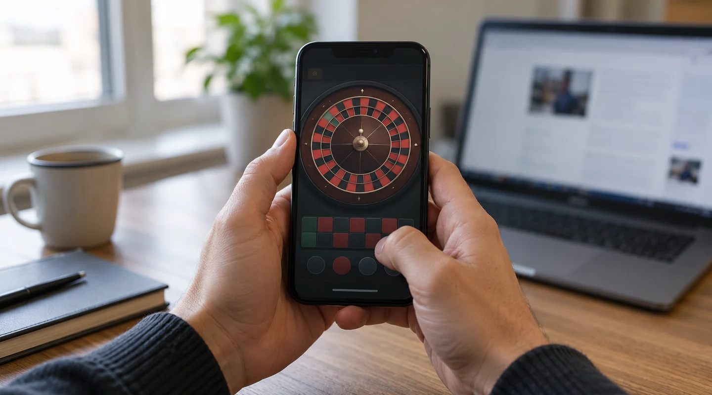 Kör alakú digitális játékfelületet mutató telefon egy kézben